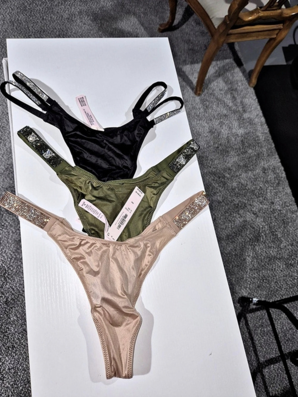 Victoria's Secret Shine Strap Thong Panty 3-Piece Set Pink & Black Medium
